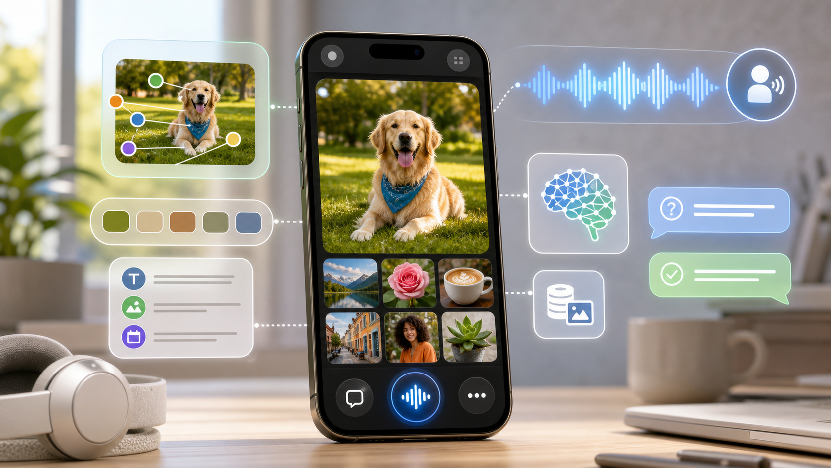 Descripción de imagen: ilustración editorial de un iPhone mostrando una galería de fotos mientras VoiceOver y la inteligencia artificial analizan una imagen, con ondas de audio, reconocimiento de texto y metadatos de accesibilidad.