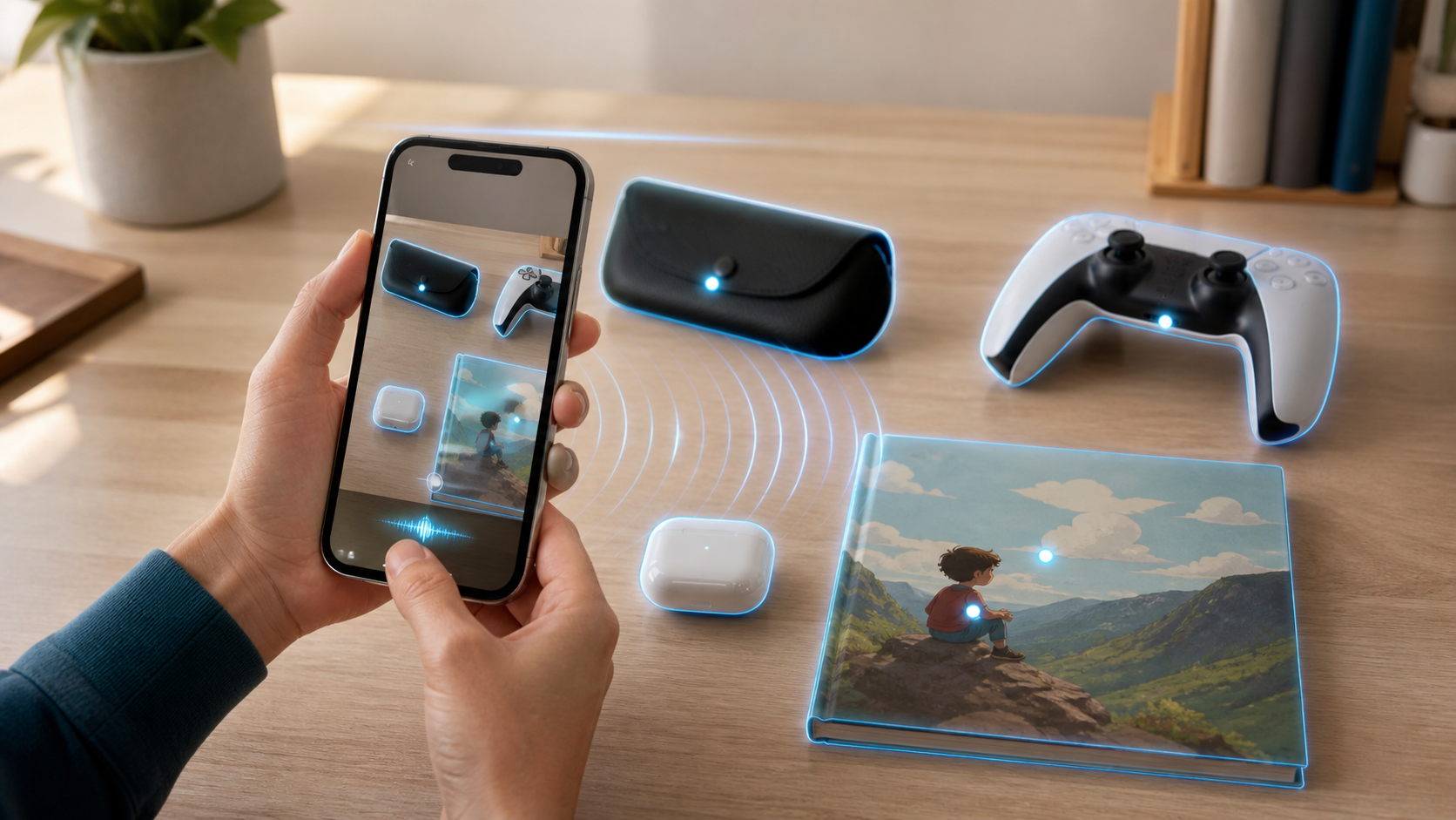 Descripción de imagen: unas manos sostienen un iPhone que reconoce una funda de gafas, un mando de consola, un estuche de auriculares y un libro infantil sobre un escritorio. Contornos y ondas azules representan el reconocimiento visual y la respuesta conversacional.