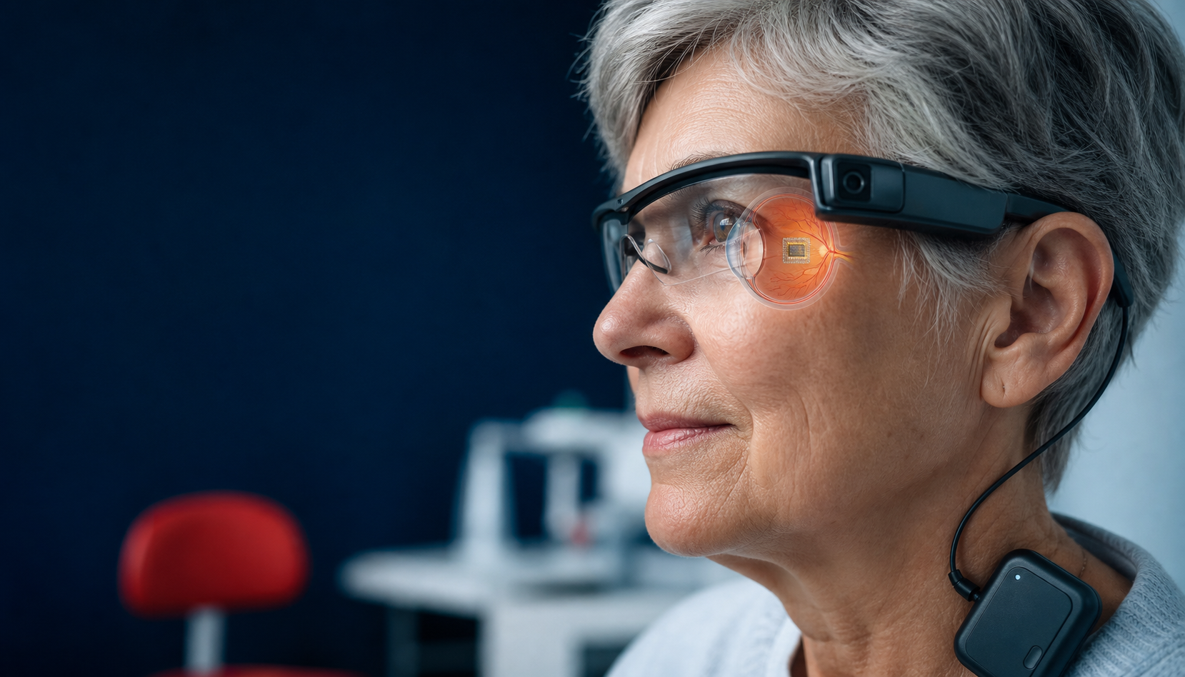 Descripción de imagen: recreación editorial de una mujer mayor con unas gafas asistivas equipadas con cámara. Sobre uno de sus ojos aparece un esquema transparente de la retina con un pequeño chip en la zona central; junto al cuello lleva un procesador conectado a las gafas.