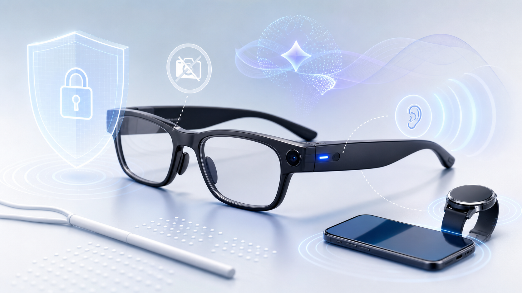 Descripción de imagen: ilustración editorial de unas gafas inteligentes negras con cámara e indicador azul encendido. A su alrededor aparecen un escudo con candado, un símbolo de cámara desactivada, ondas de audio e inteligencia artificial, un teléfono, un reloj inteligente, un bastón blanco y puntos de braille.