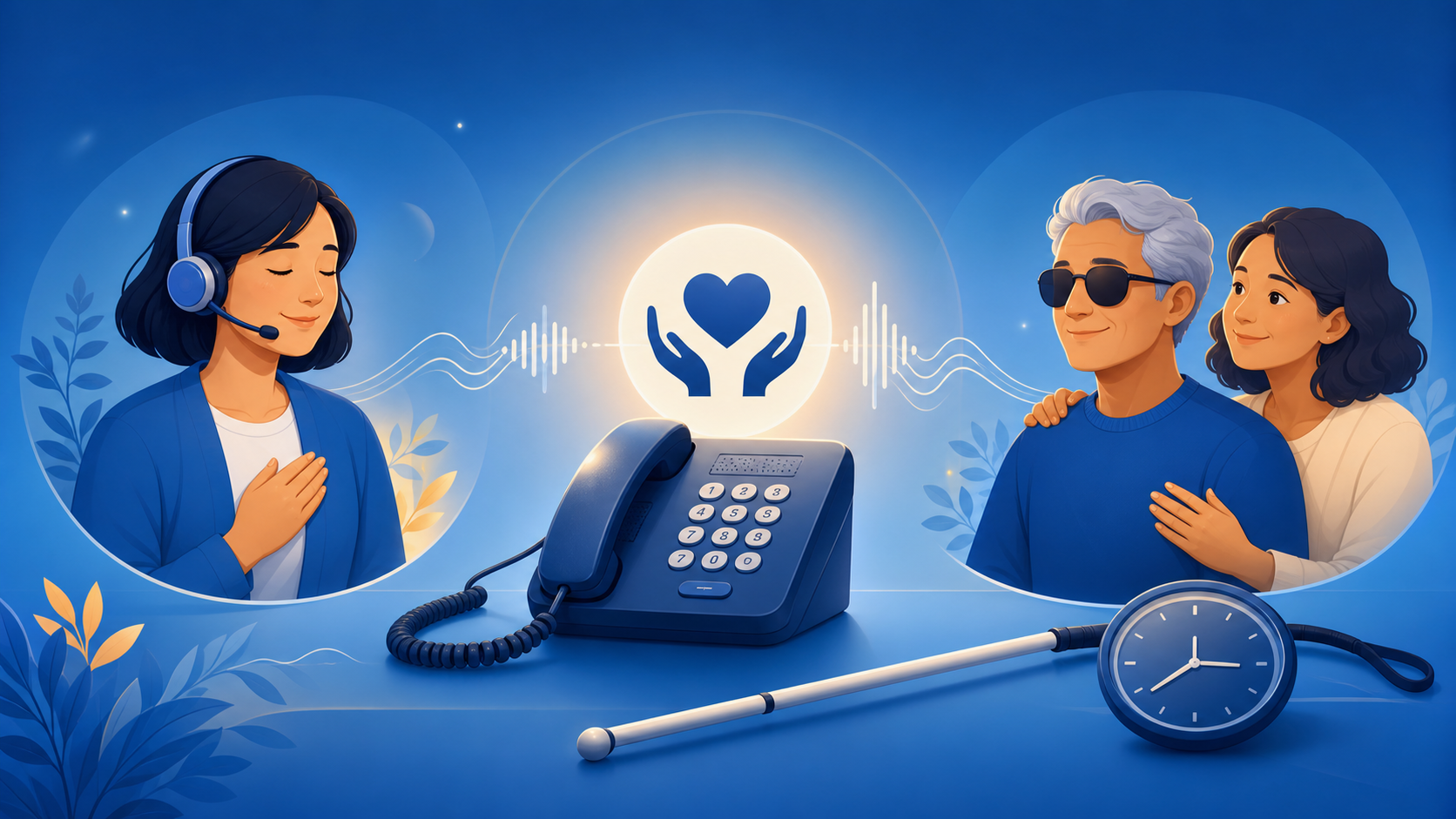 Descripción de imagen: ilustración azul de un teléfono que conecta mediante ondas de voz a una orientadora con auriculares y a una persona ciega acompañada. En primer plano aparecen un bastón blanco y un reloj que representa la atención durante las 24 horas.