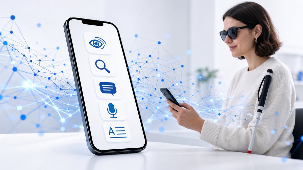 Descripción de imagen: ilustración editorial de tecnología accesible con un teléfono, iconos de accesibilidad y conexiones de inteligencia artificial en tonos azules.