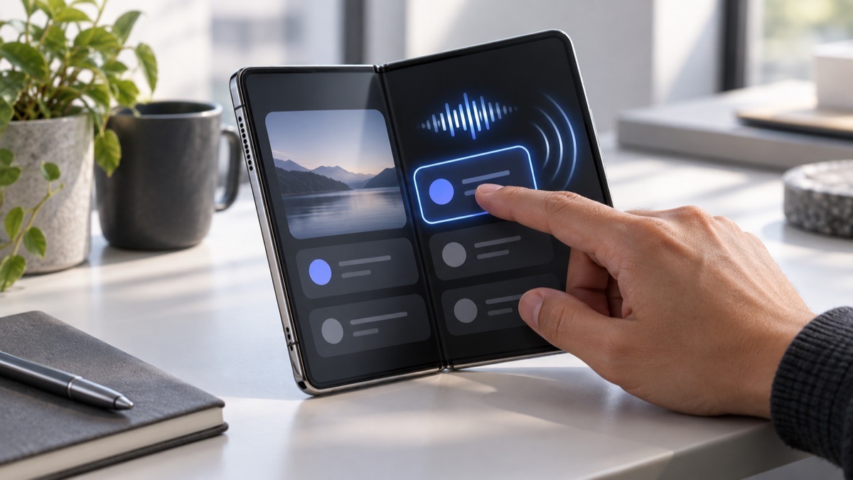 Descripción de imagen: una mano explora la pantalla interior de un teléfono plegable mientras un contorno azul y unas ondas de audio representan el funcionamiento de VoiceOver.