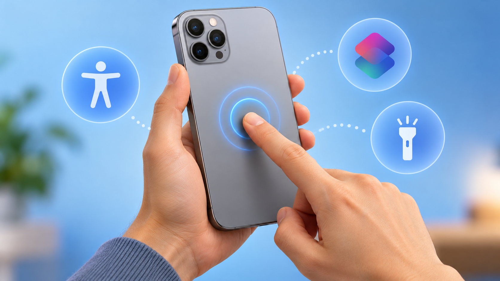 Ilustración de una mano sosteniendo un teléfono por detrás y un dedo tocando su carcasa, con ondas azules y símbolos de accesibilidad y atajos.