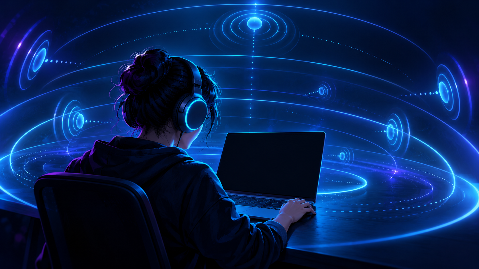 Ilustración de una persona con auriculares ante un portátil de pantalla oscura, rodeada de ondas azules que representan el sonido espacial.