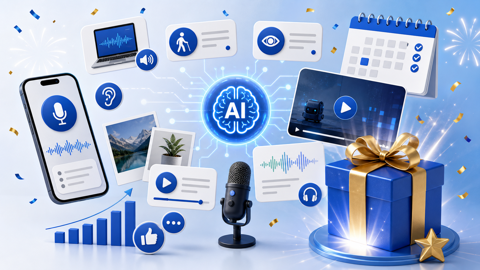 Descripción de imagen: ilustración editorial de resumen anual con nodos de inteligencia artificial, calendario, micrófono y caja de regalo.