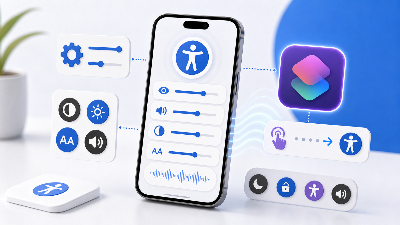 Descripción de imagen: ilustración editorial de controles de accesibilidad personalizados en un iPhone con atajo, deslizadores y ondas de voz.
