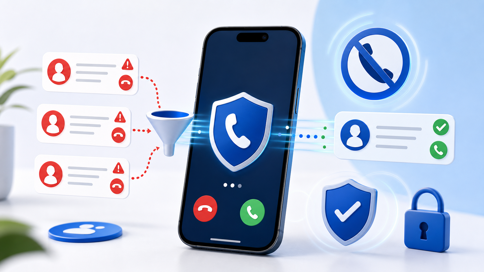 Descripción de imagen: ilustración editorial de un teléfono filtrando llamadas de spam con escudo, señal de bloqueo y alerta de seguridad.