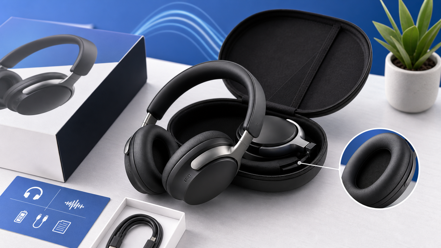 Descripción de imagen: ilustración editorial de auriculares premium en una escena de unboxing con ondas de sonido y estuche abierto.