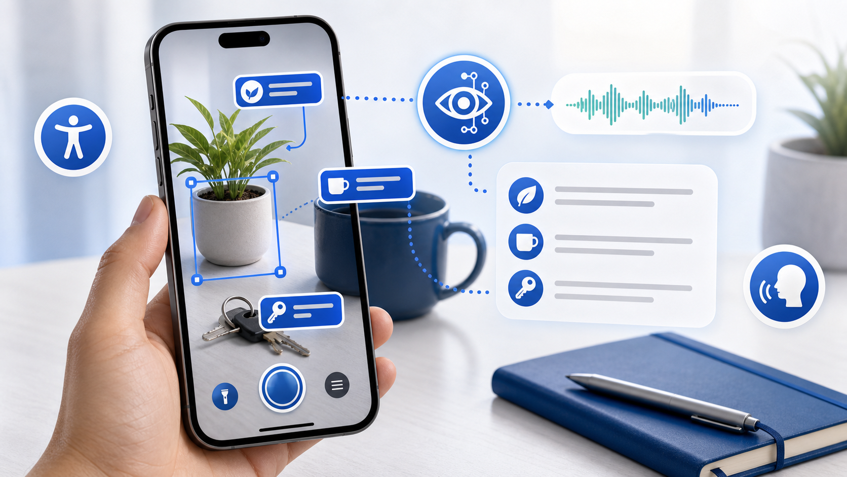 Descripción de imagen: ilustración editorial de una app de asistencia visual identificando objetos con cámara, ondas de voz e iconos de inteligencia artificial.