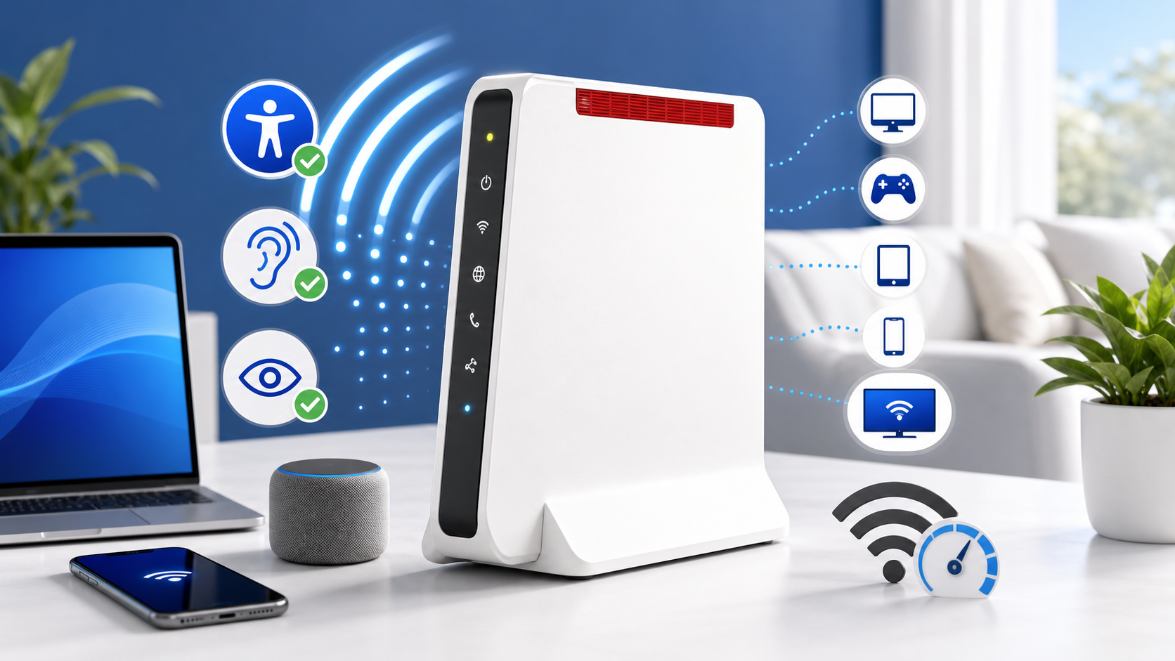Descripción de imagen: ilustración editorial de un router doméstico potente con ondas Wi-Fi, dispositivos conectados e iconos de accesibilidad.