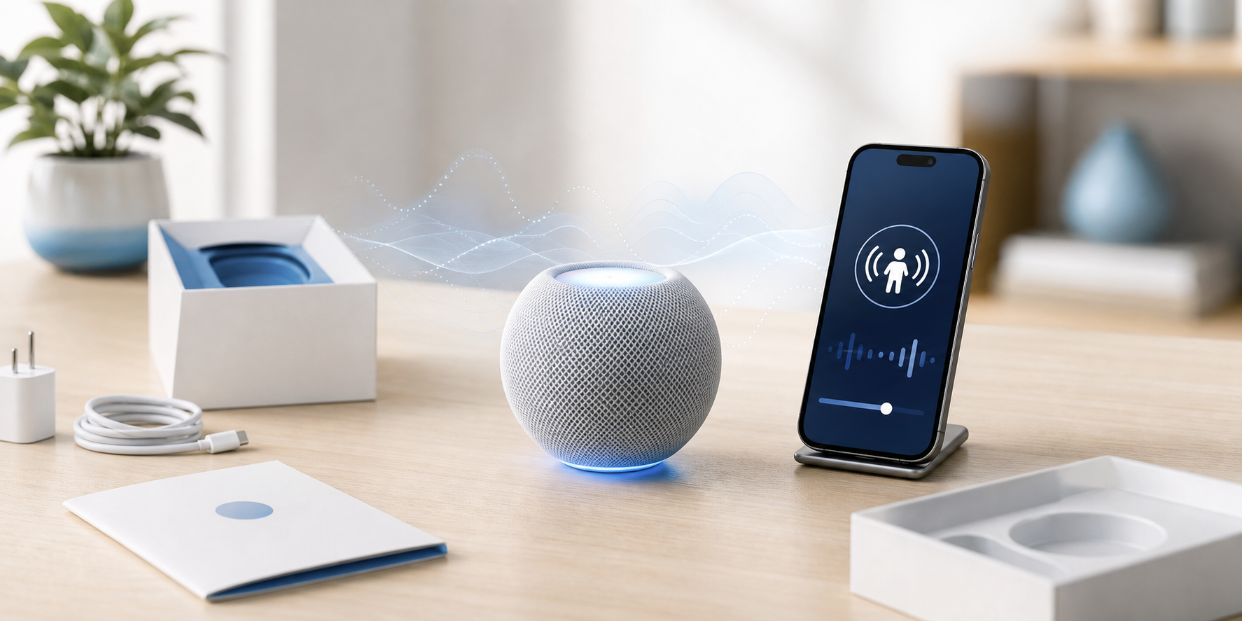 Descripción de imagen: ilustración generada para el artículo Unboxing Y Configuración A Ciegas Del HomePod Mini en AliBlueBox.