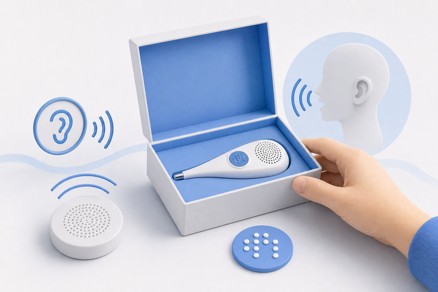 Descripción de imagen: ilustración generada para el artículo Unboxing De Termómetro Parlante A Ciegas en AliBlueBox.