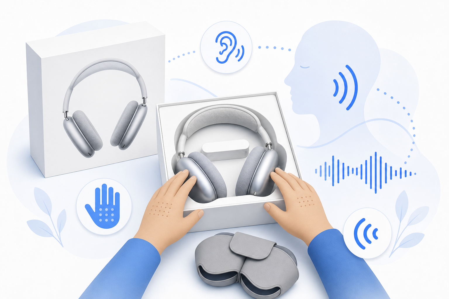 Descripción de imagen: ilustración generada para el artículo Unboxing AirPod Max A Ciegas en AliBlueBox.