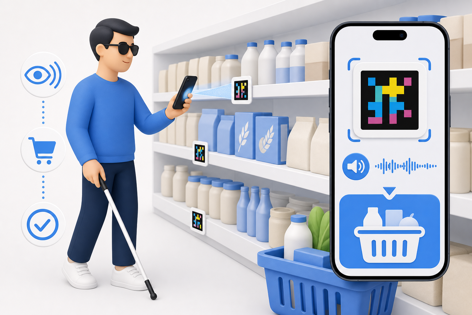 Descripción de imagen: ilustración generada para el artículo Shopping Blindly At The Supermarket With NaviLens en AliBlueBox.