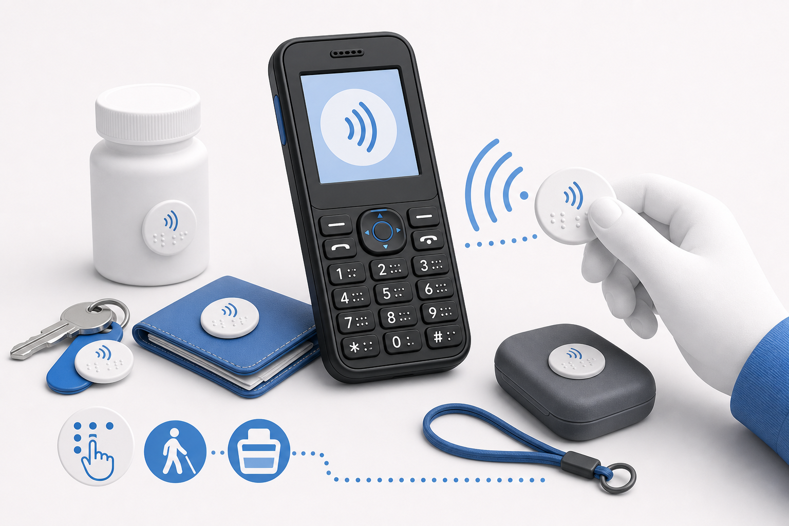 Descripción de imagen: ilustración generada para el artículo Etiquetas NFC Con BlindShell Classic 2 A Ciegas en AliBlueBox.