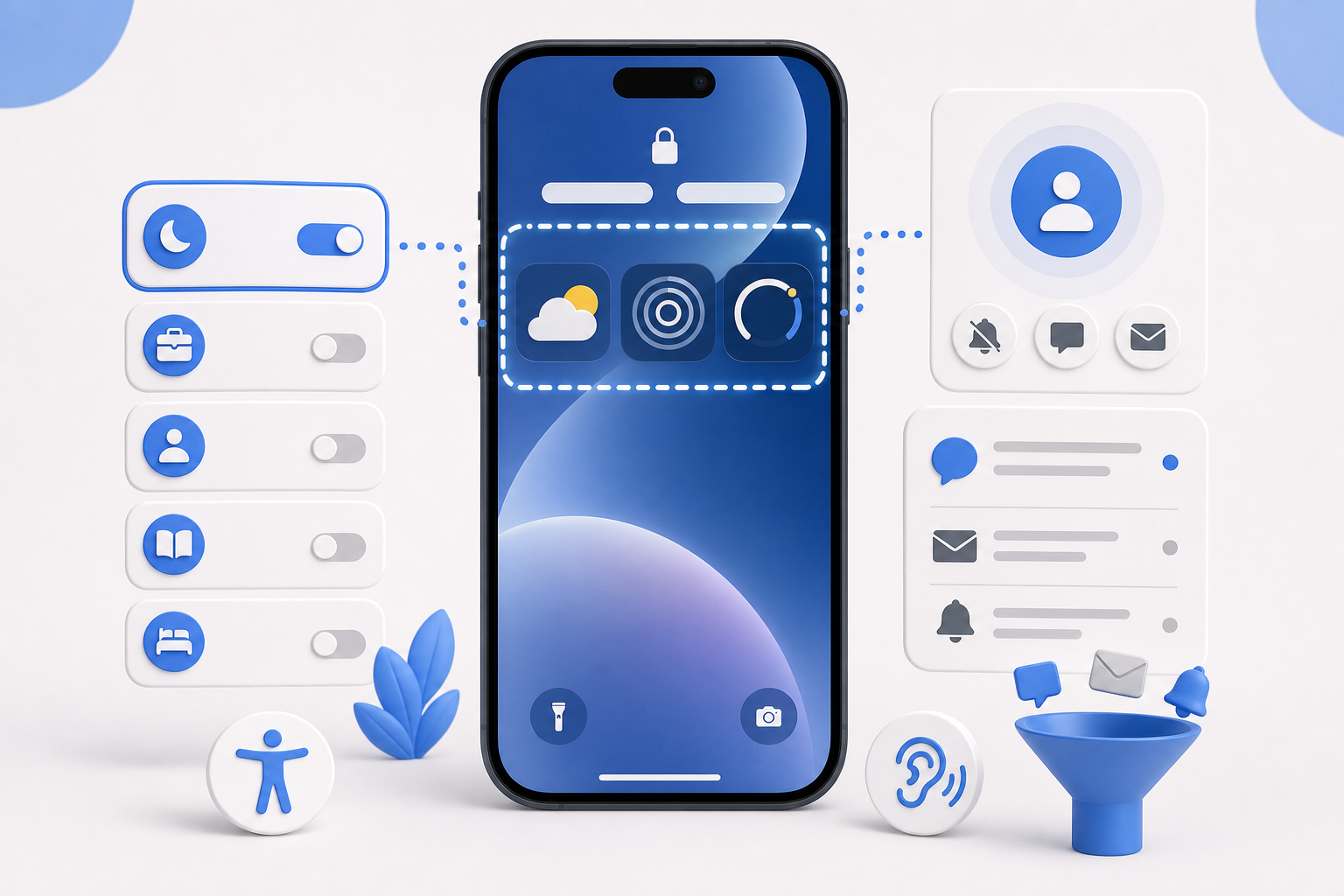 Descripción de imagen: ilustración generada para el artículo Novedades iOS 16 A Ciegas: Pantalla De Bloqueo Y Modos De Concentración en AliBlueBox.