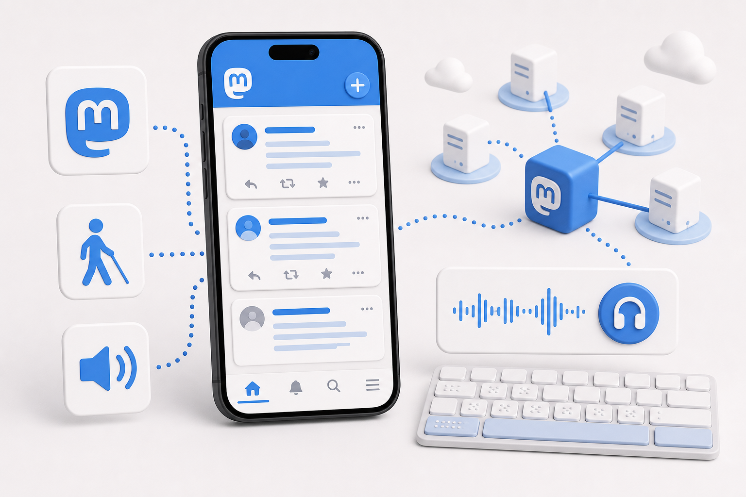 Descripción de imagen: ilustración generada para el artículo Metatext: Cliente Accesible Para Mastodon en AliBlueBox.