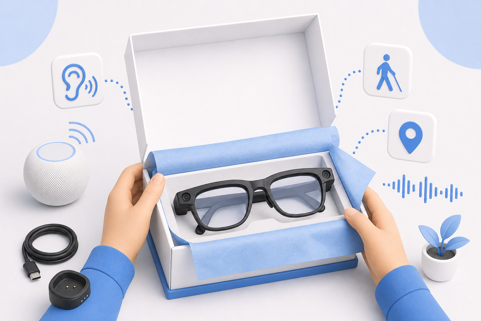 Descripción de imagen: ilustración generada para el artículo Unboxing De Las Gafas Eyesynth: La Tecnología Que Abre Tus Ojos Al Mundo en AliBlueBox.