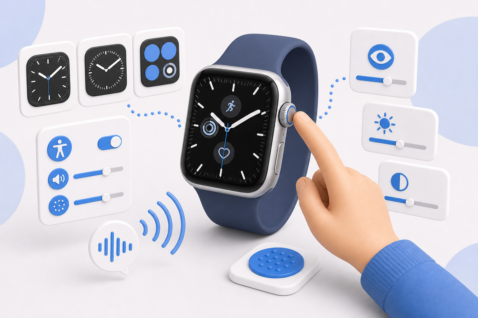 Descripción de imagen: ilustración generada para el artículo Apple Watch Y VoiceOver: Cómo Personalizar Tus Esferas A Tus Necesidades en AliBlueBox.
