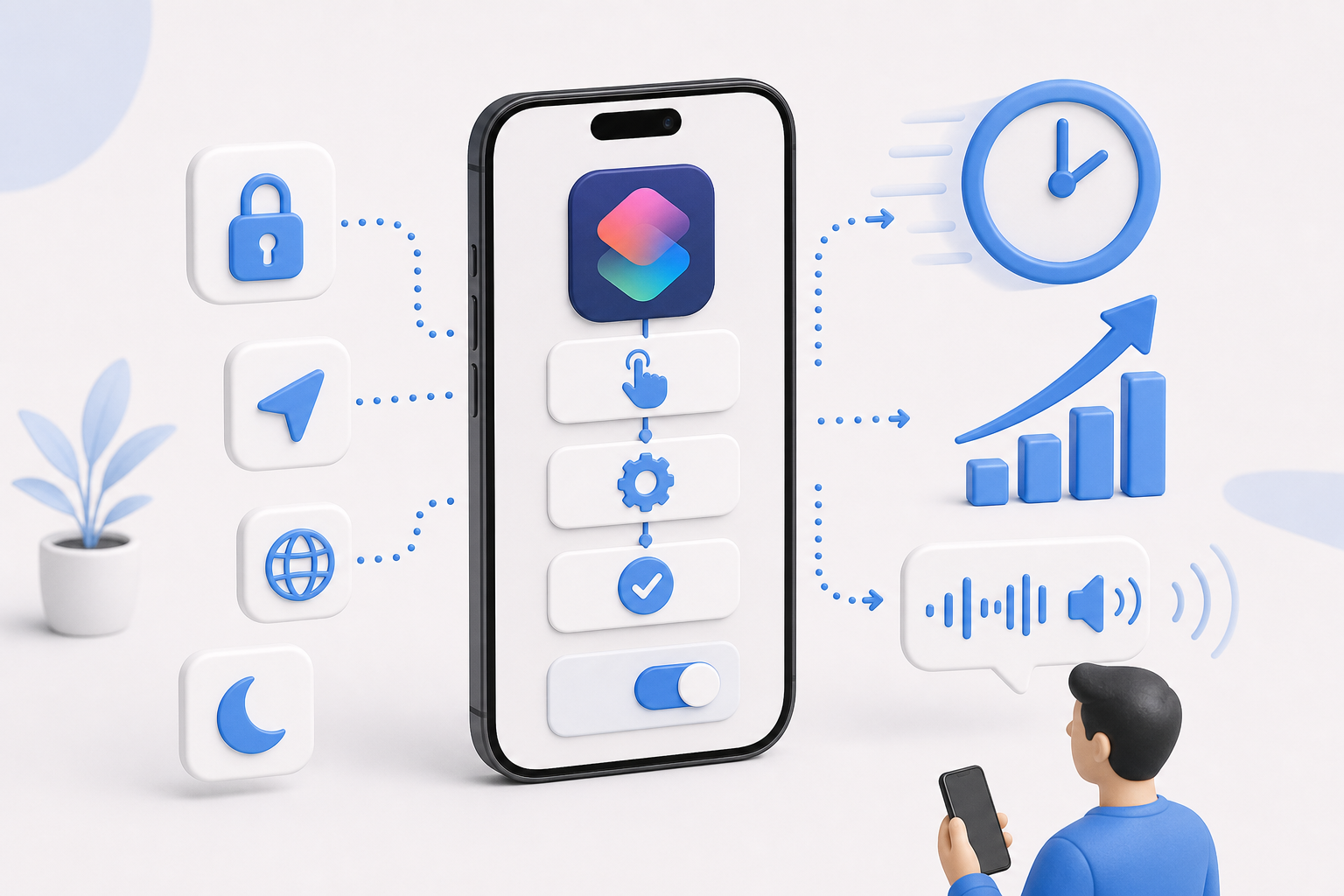 Descripción de imagen: ilustración generada para el artículo Haz Más En Menos Tiempo: Mis Atajos Y Automatizaciones Del iPhone en AliBlueBox.