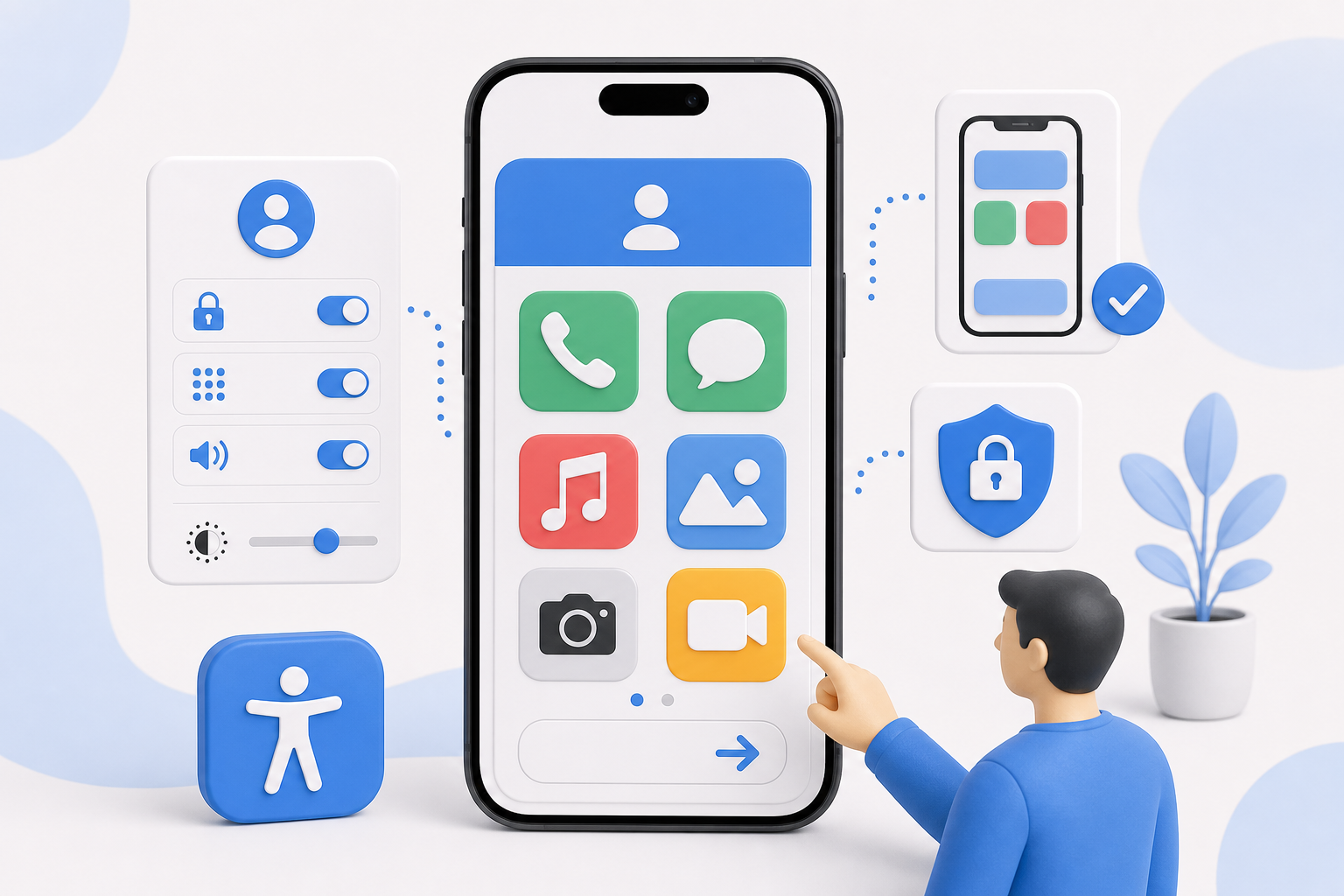 Descripción de imagen: ilustración generada para el artículo Novedades De Accesibilidad En iOS 17: Descubre Acceso Asistido/Assistive Access en AliBlueBox.