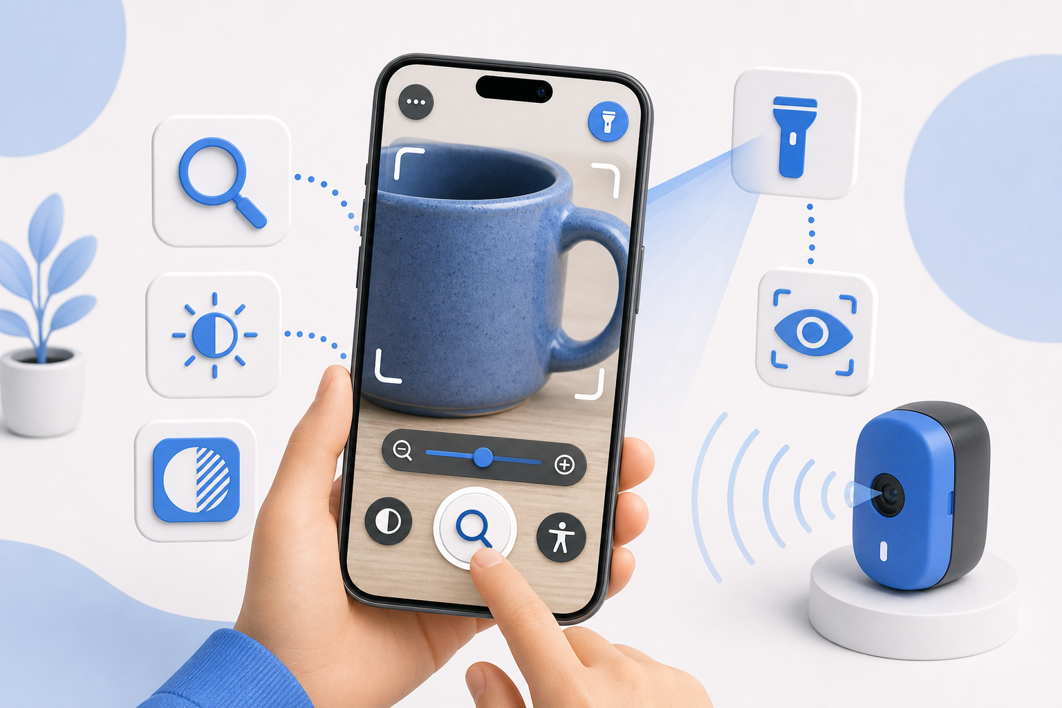 Descripción de imagen: ilustración generada para el artículo Novedades De Accesibilidad En iOS 17: Nuevas Funciones en la App Lupa en AliBlueBox.