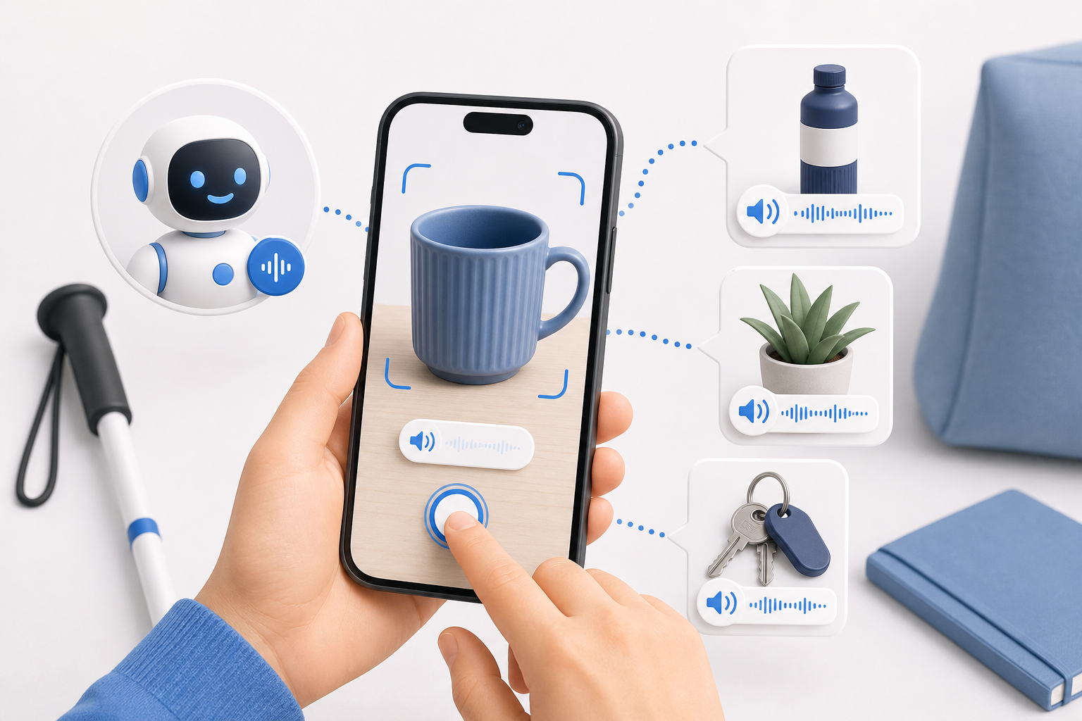 Descripción de imagen: ilustración generada para el artículo Casos Prácticos Con La Inteligencia Artificial de Be My Eyes en AliBlueBox.