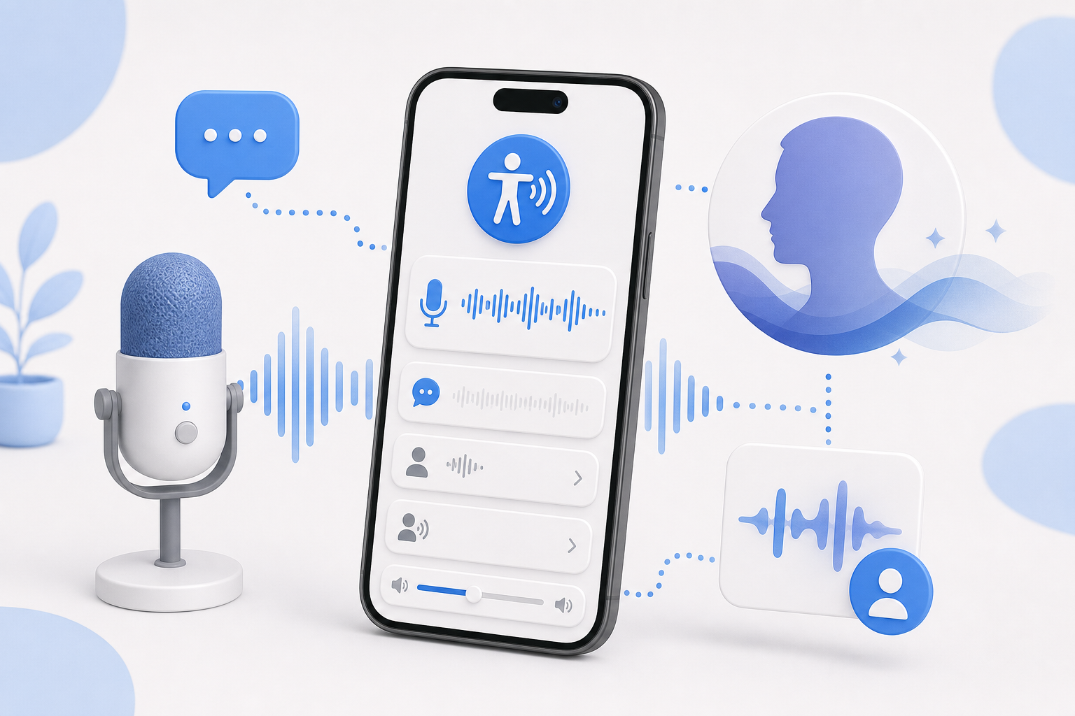 Descripción de imagen: ilustración generada para el artículo Novedades De Accesibilidad En iOS 17: Voz En Tiempo Real Y Voz Personal en AliBlueBox.