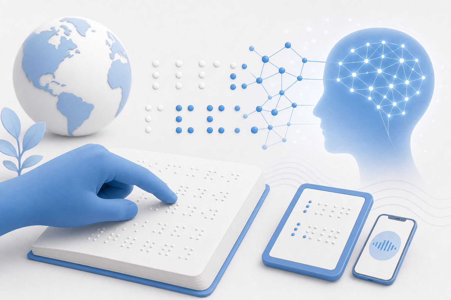 Descripción de imagen: ilustración generada para el artículo Celebrando el Día Mundial del Braille: Una Mirada al Futuro con la Inteligencia Artificial en AliBlueBox.