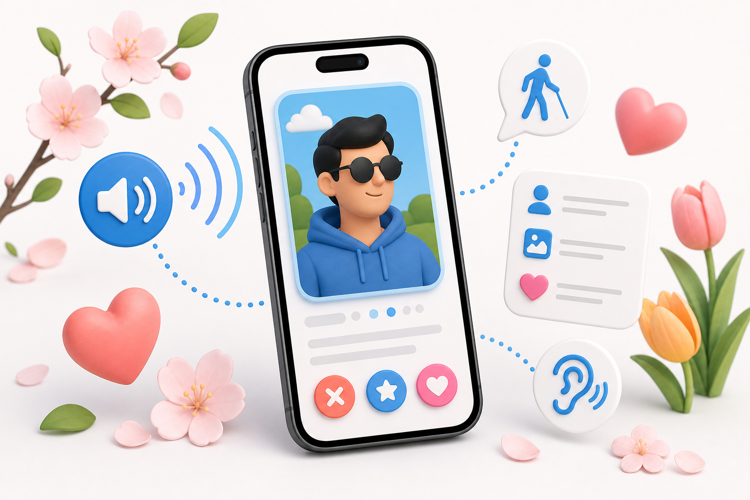Descripción de imagen: ilustración generada para el artículo Enamórate Está Primavera: Crea Tu Perfil De Tinder Con VoiceOver en AliBlueBox.