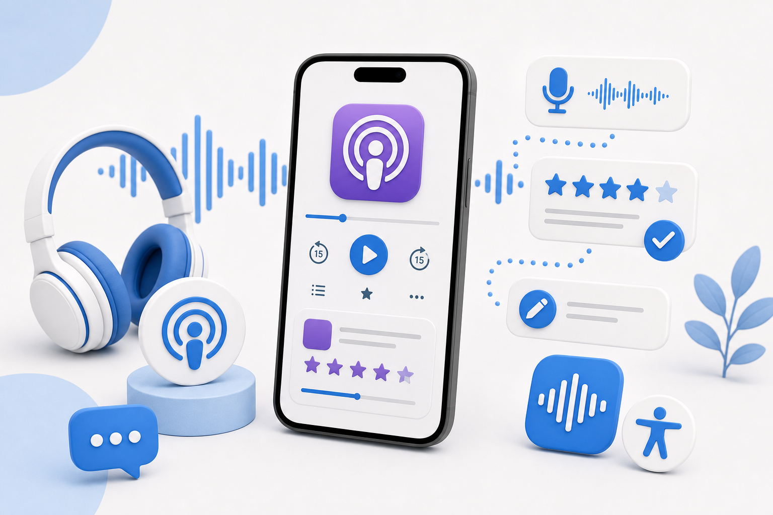 Descripción de imagen: ilustración generada para el artículo Explorando La App Podcast del iPhone: Cómo hacer Reseñas y las Novedades de iOS 17.4 en AliBlueBox.