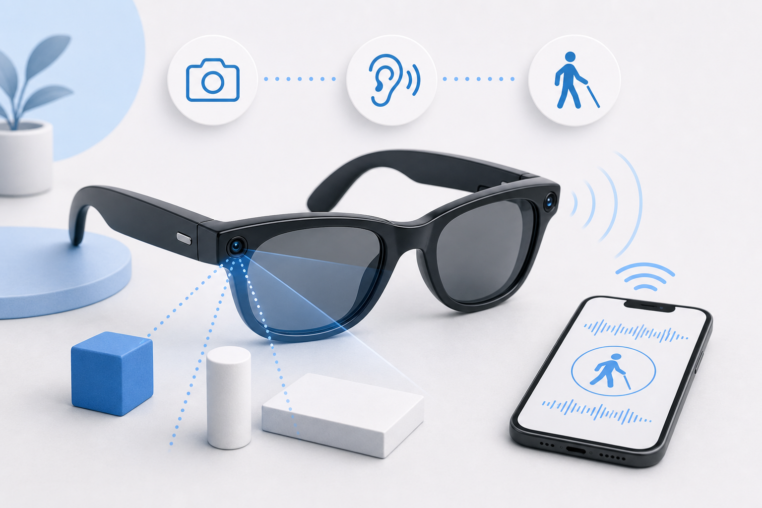 Descripción de imagen: ilustración generada para el artículo Probando las Ray-Ban Meta: ¿Gafas Inteligentes para Personas Ciegas? en AliBlueBox.