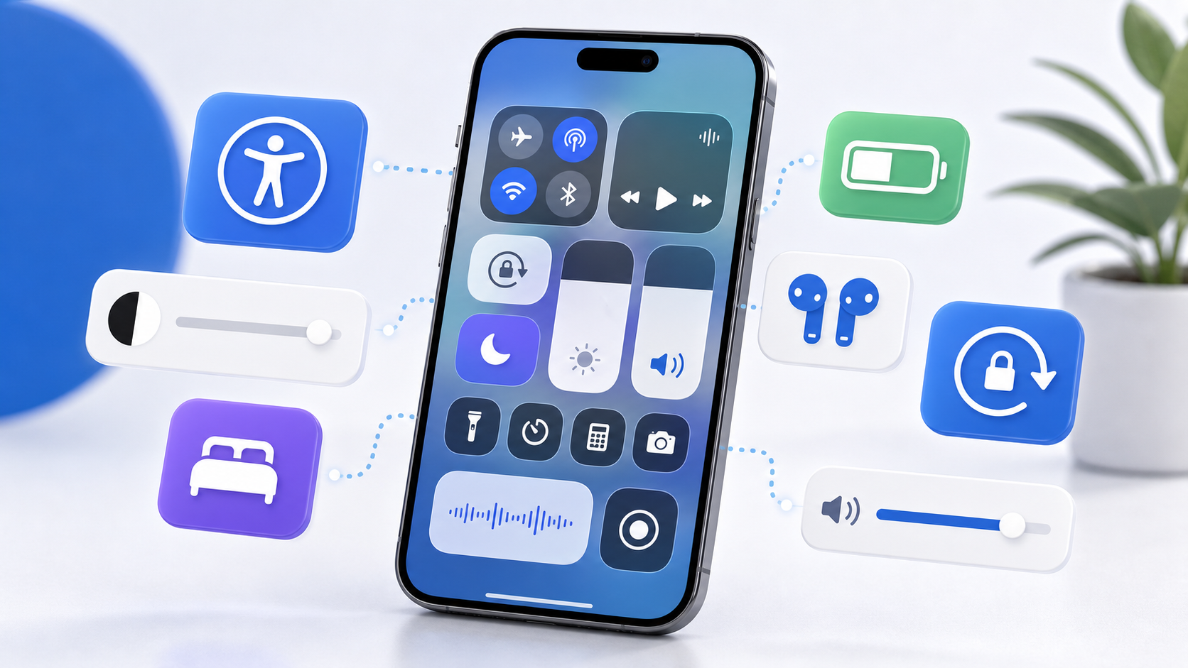 Descripción de imagen: ilustración editorial de un centro de control de iPhone con mosaicos grandes, conectividad, brillo, volumen y accesibilidad.