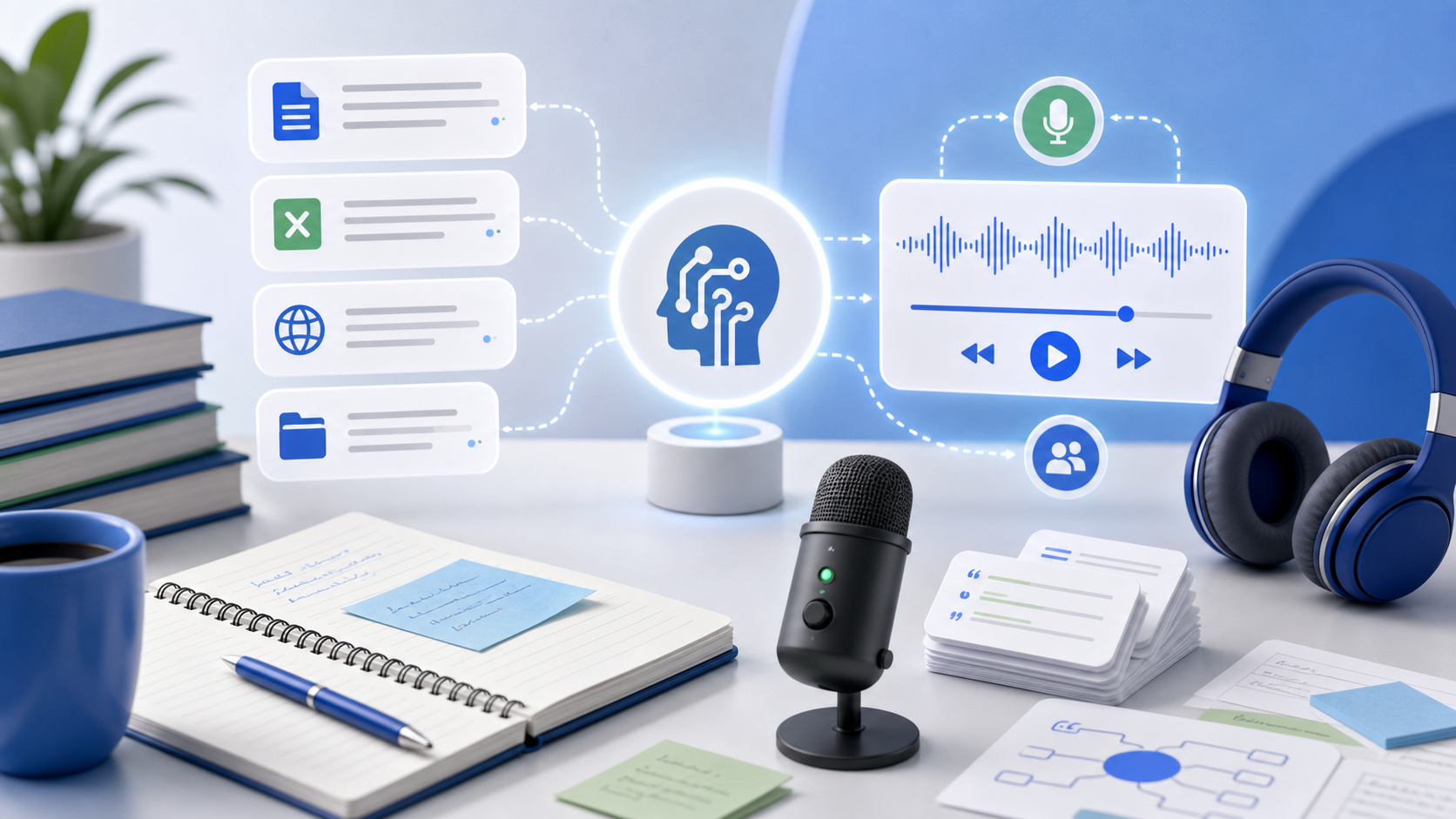 Descripción de imagen: ilustración editorial de documentos conectados a una onda de podcast, auriculares y un centro de investigación con inteligencia artificial.