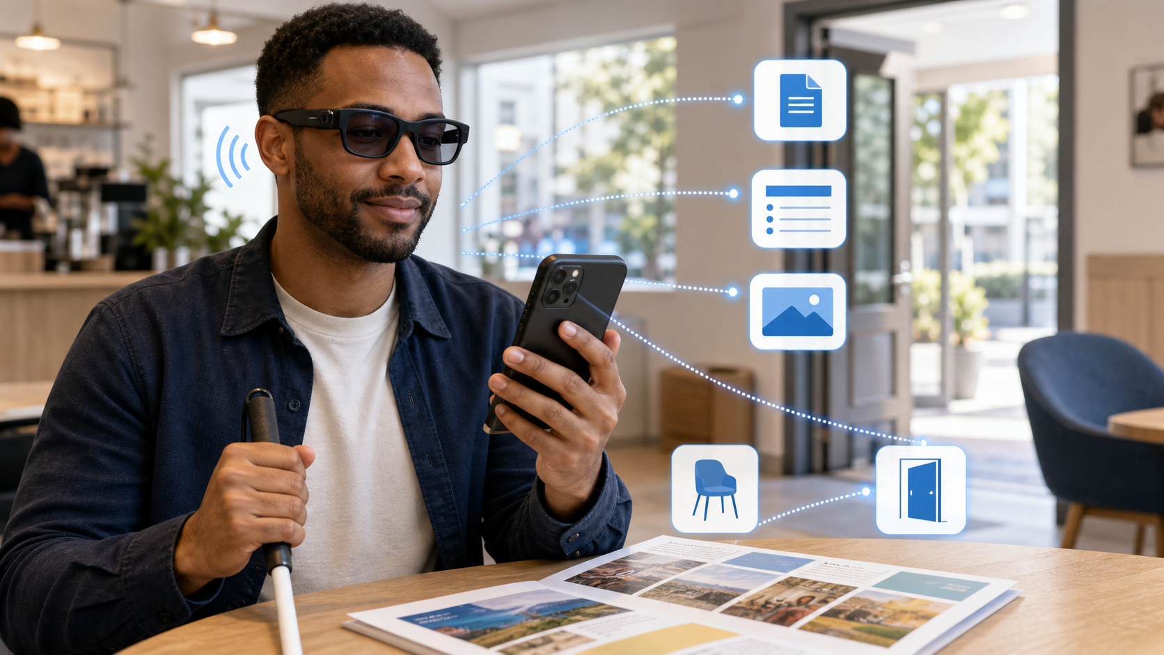 Descripción de imagen: una persona ciega con gafas inteligentes y bastón blanco sostiene un teléfono frente a un folleto. Unos iconos azules representan lectura de documentos, listas, descripción de imágenes, localización de una silla y una puerta.