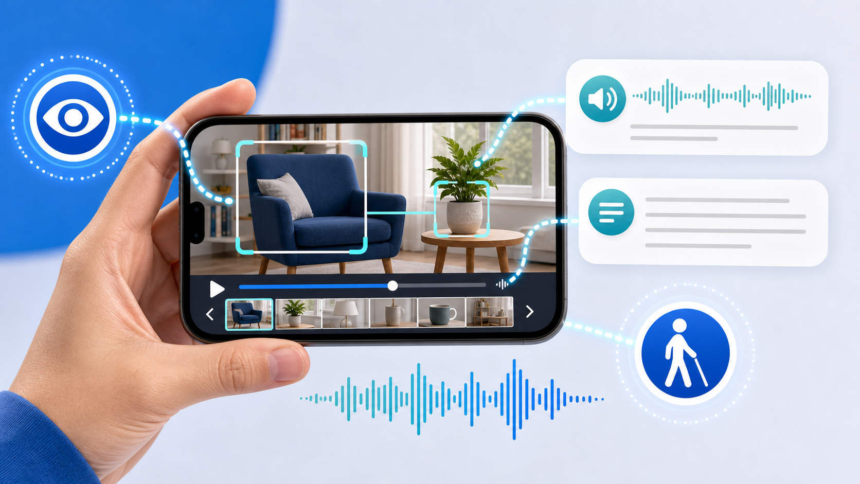 Descripción de imagen: ilustración editorial de un teléfono analizando un vídeo con línea de tiempo, cajas de detección y onda de audiodescripción.