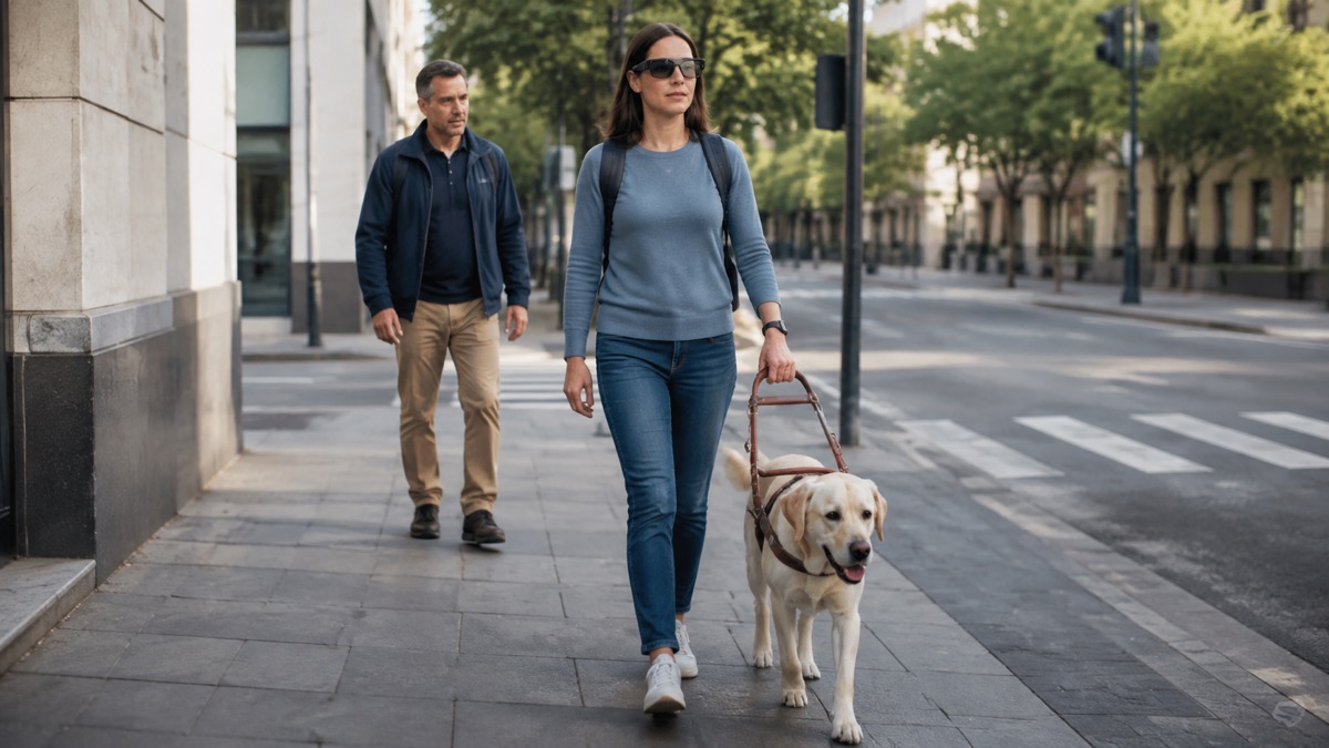 Descripción de imagen: una mujer con gafas inteligentes camina con un perro guía mientras un instructor observa el recorrido desde unos pasos atrás.