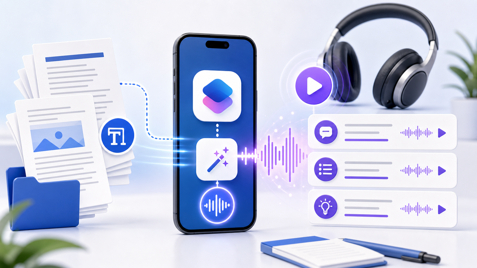 Descripción de imagen: ilustración editorial de documentos transformándose en resumen de audio mediante un atajo en el teléfono.