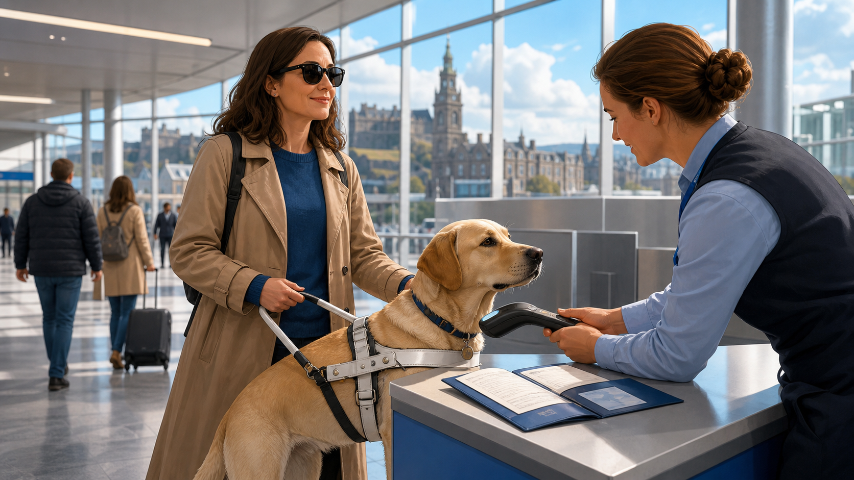 Descripción de imagen: una viajera ciega sostiene el arnés de su perro guía en un aeropuerto británico mientras una trabajadora comprueba el microchip. Sobre el mostrador aparecen abiertos el pasaporte veterinario y la documentación de viaje.