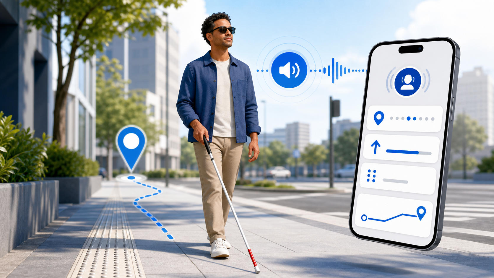 Descripción de imagen: ilustración editorial de una persona usando un bastón inteligente WeWalk 2 junto a un iPhone con una app accesible, ondas de VoiceOver y señales de navegación.